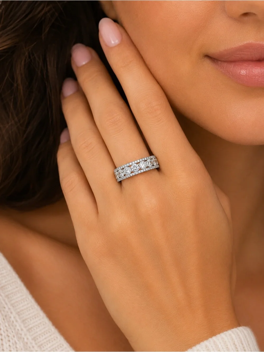 Moissanite Eternity Band Ring 2.58ctw Sterling Silver Wide Stackable NWT Size 8